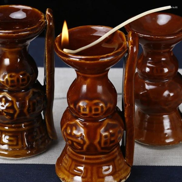 Figuritas decorativas Candelabro antiguo de cerámica Portalámparas de aceite antiguo Suministros de sacrificio para el hogar Orar por lo auspicioso