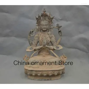 Figurines décoratives Chine Old Tibetan Bouddhisme quatre bras Guanyin Bouddha Bronze Statue