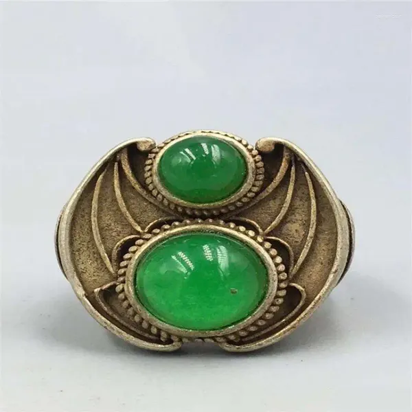 Figurines décoratives Chine Tibet Tibetan Style ethnique Cupronickel argent plaqué mosaïque Green Gem Ring Women's Match Open Adjustable Unisexe