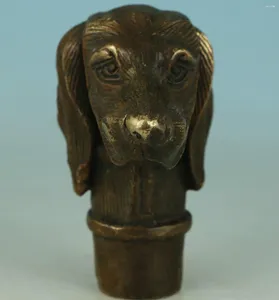 Figurines décoratives chinoises en Bronze antique, Statue de chien sculptée à la main, tête de canne