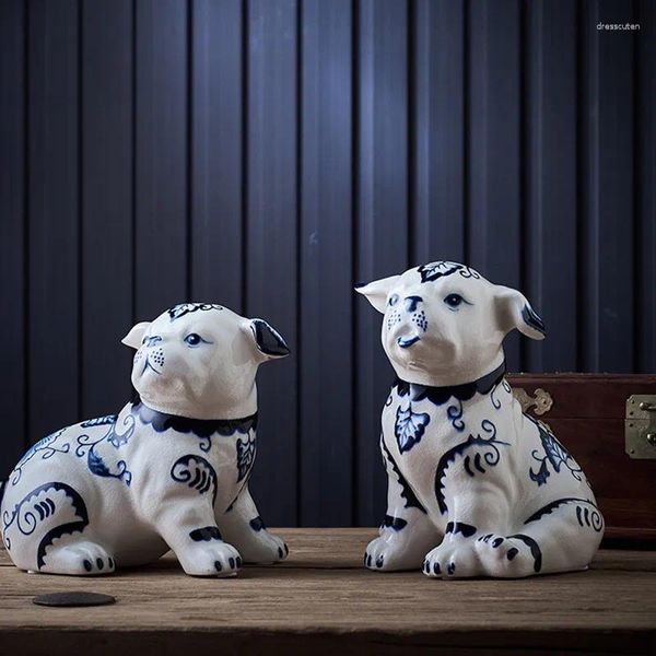 Figurines décoratives chinoises en porcelaine bleue et blanche, ornements artisanaux en céramique, Simulation de chien, Sculpture animale, artisanat Vintage