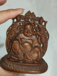 Decoratieve beeldjes Chinese buxus Dubbelzijdige sculptuur Maitreya Boeddha Big Belly Statue Huisvoogd