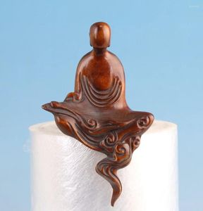 Figurines décoratives chinoises Boxwood Hand sculpd Bouddha Statue Netsuke Collectable Art Bonne siège