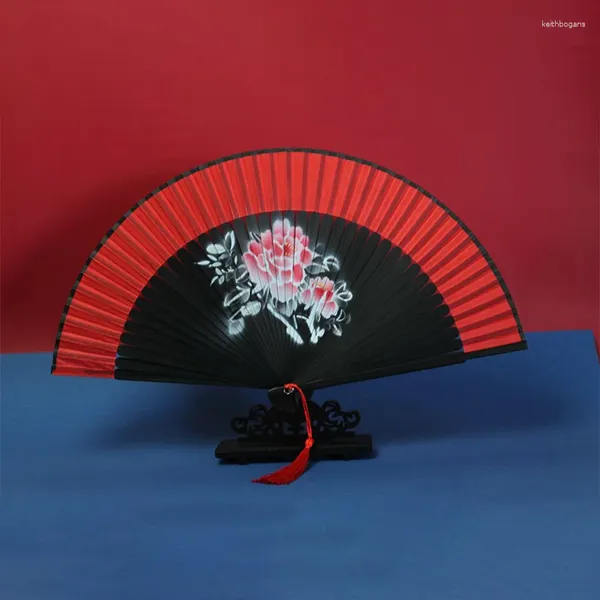 Figurines décoratives danse de danse chinoise pliant ventilateur rouge noir fleur imprimée en bois de mariage en bois artisanat classique de la maison classique.
