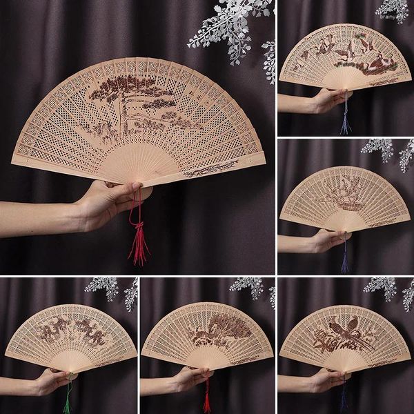 Figuritas decorativas Abanico plegable chino Sandalia de bambú de madera Mano tradicional para pintura de caligrafía Talla de madera Decoración del hogar