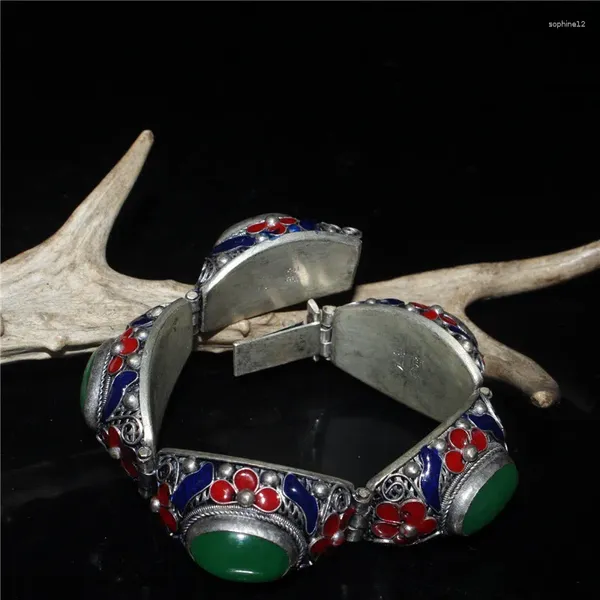 Figurines décoratives chinois vieil artisanat incrusté émeraude Cloisonne Silk Pincement Silver Bracelet