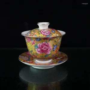 Figurines décoratives en porcelaine ancienne chinoise, motif Floral multicolore, couvre un bol à thé