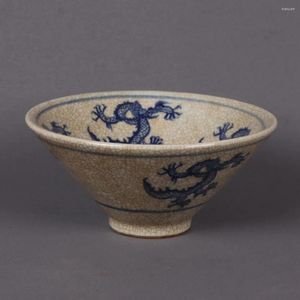 Figurines décoratives en porcelaine chinoise bleue et motif ciel, chapeau en bambou, décoration de bol