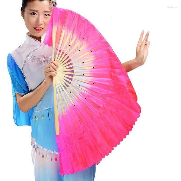 Figuras decorativas Fan de baile de danza corta china Bambú Half Círculo Círculo Seda Velo pares Yangko Dance Fans Hand Dye Adultos