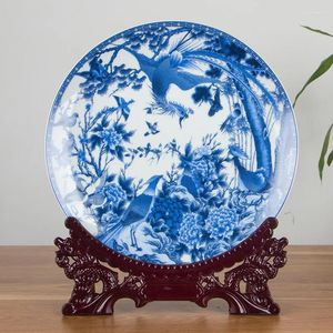 Figurines décoratives Style chinois classique jingdezhen décoration bleu et blanc assiette de base en bois jeu de mariage cadeau