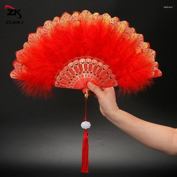 Figuras decorativas Estilo chino Abanicos plegables de plumas Suave y esponjoso Regalo de fiesta de boda de mano Niñas Danza Abanico de encaje Cosplay Etapa Prop