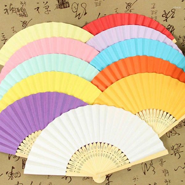 Figurines décoratives style chinois pliant ventilateur en papier bambou bambou fans de main art artisan art fête de mariage personnalisé couleur solide à la maison