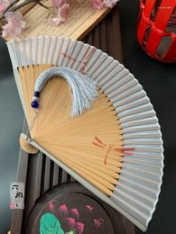 Decoratieve beeldjes | Chinese stijl Grijs Dragonfly Solid Color Pure Silk Bamboo Fan Zomer Japanse vouwende vrouwen Dance