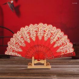 Decoratieve beeldjes Chinese stijl handbediende opvouwbare dansventilator Kant zijden bloem Bruiloft cadeau