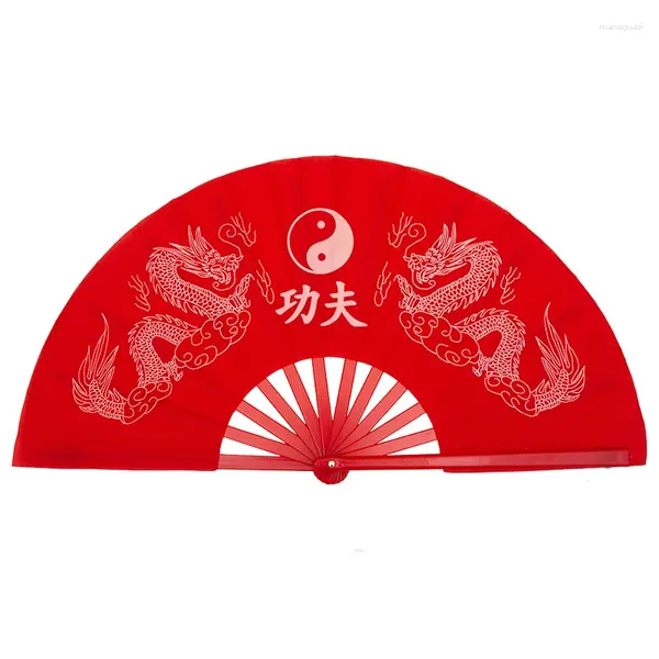 Figuras decorativas Estilo chino Grande Rojo Impresión HD Dragón Flores Yin Yang Tai Chi Chinoiserie Escenario plegable a mano Abanico fuerte Danza