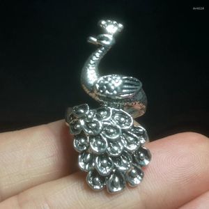 Figuritas decorativas talladas en plata tibetana china, bonita estatua de pavo real, anillo, baratija, regalo de colección