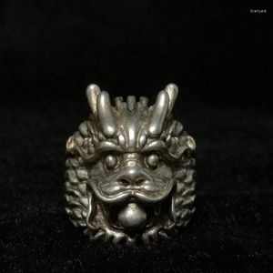Figurines décoratives chinois tibet argent sculpture dragon têtes statues anneau décoration collection de cadeaux