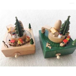 Figurines décoratines Cadeau de Noël Montessori jouets en bois verts et nature Boîte de musique avec des trains magnétiques joyeux