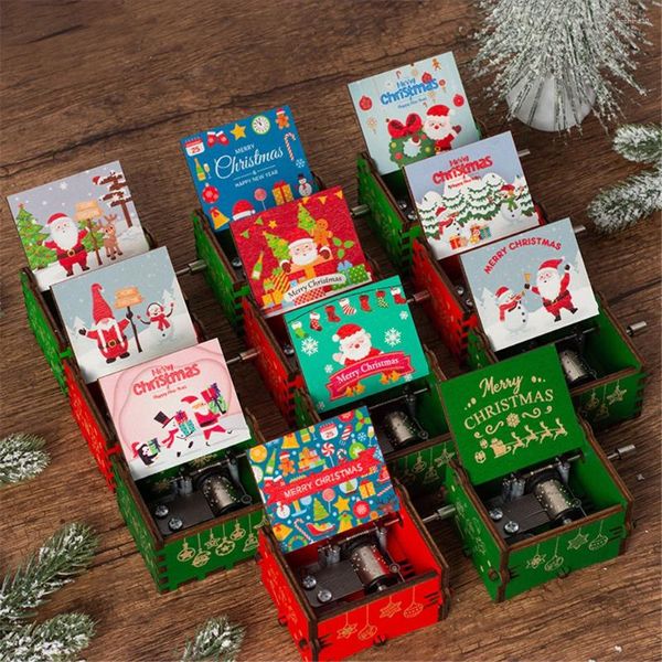 Figuras decorativas Caja de música navideña Crank de madera Jingle Bells Bells Merry Año Regalos para niños Decoración del hogar