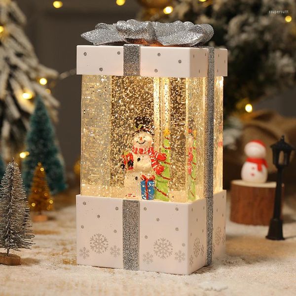 Figurines décoratives Noël Père Noël Bonhomme de neige Arbre de Noël Faux Boîte-cadeau Forme Cristal Coloré LED Lumineux Ornement Musical