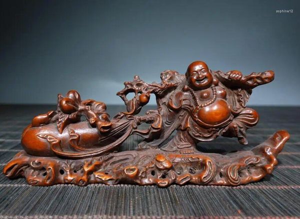 Figuras decorativas recolectar China Box-Wood Tallado Budismo Budismo Moneybag Maitreya Buddha Staue