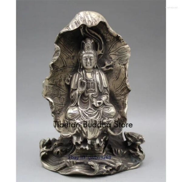 Figurines décoratives de collection, Statue de bouddha Guanyin Avalokiteshvara en argent sculpté à la main du vieux Tibet, 21974