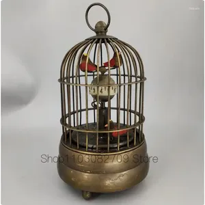 Figurines décoratives à collectionner, décoration ancienne, travail manuel en cuivre, deux oiseaux en Cage, horloge de Table mécanique