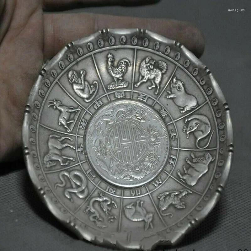 Decorative Figurines Collectible Decorate Old Tibet Silver Chinese Animal 12 Zodiac Gossip Coin Plate Desk Decoration Home Accessories Gift