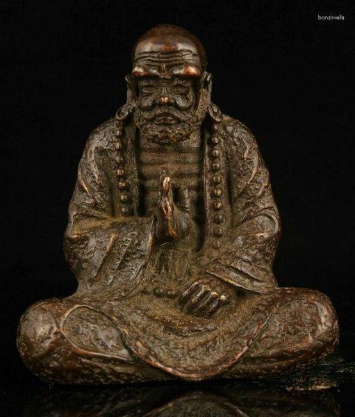 Figurines décoratives à collectionner chinoises sculptées à la main rétro en cuivre rouge pur Bodhidharma Statue Collection Ornements Statues pour la décoration