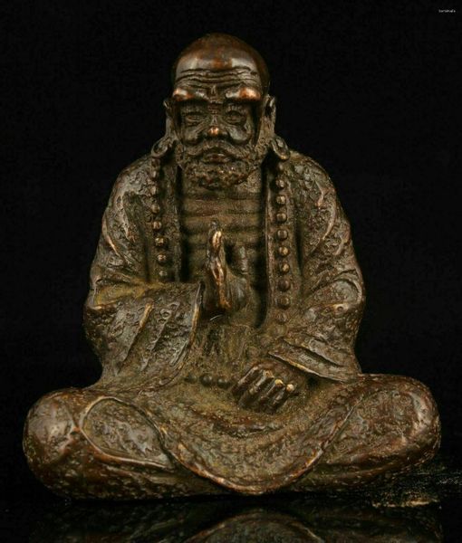 Statuette decorative da collezione Statua di Bodhidharma in rame rosso puro retrò intagliato a mano cinese