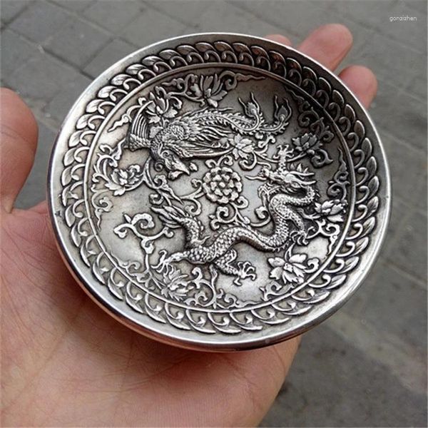 Figurines décoratifs collection chinois tibet argent sculpté des animaux mythiques dragon et phoenix plaque plat exquis petites statues
