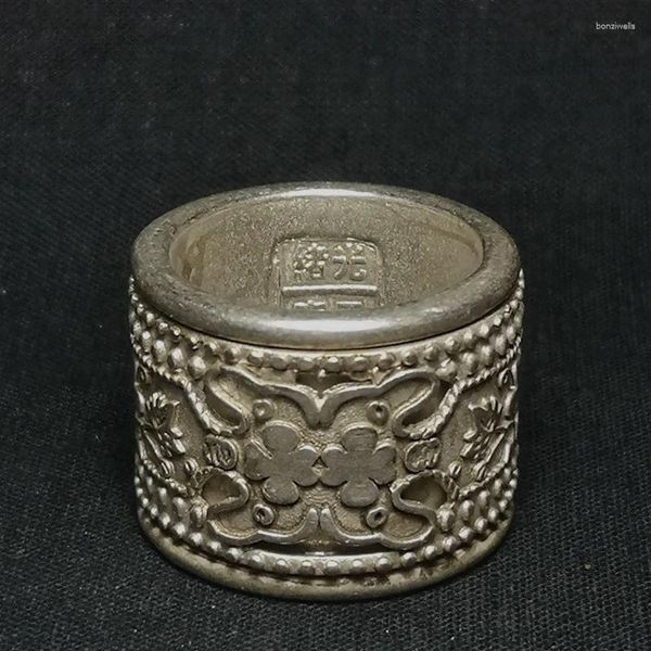 Colección de figuras decorativas, anillo para pulgar con flor tallada en plata tibetana china antigua, giro de dos pisos