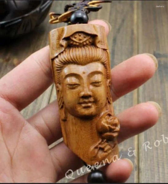 Figuras decorativas estatua de cobre nudo chino tallado en madera cabeza de Guan Kwan Yin Buda amuleto colgante de coche