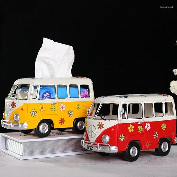 Figuras Decorativas Modelo De Autobús Creativo Soporte De Papel Nostálgico Retro Hierro Forjado Coche Miniatura Cajas De Pañuelos para El Hogar Decoración Adorno Regalo