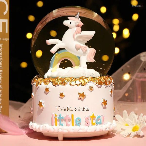 Figuras decorativas Dibujos animados creativos Unicornio Bola de cristal Color romántico Luz Nieve Caja de música Decoración de escritorio para el hogar Día de San Valentín