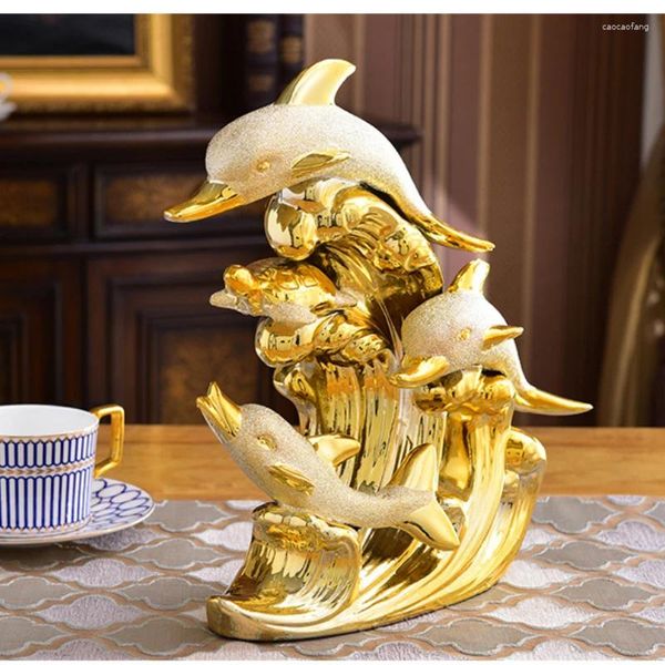 Figuras decorativas Galvanoplastia creativa, escultura de delfín dorado esmerilado, artesanías de animales de cerámica, muebles para gabinete de vino para sala de estar