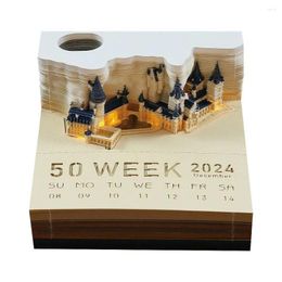 Decoratieve beeldjes Creatieve handgebonden magische kasteel weekkalender met licht 3D-papier snijwerk Art Craft Kladblok Sticky Notes Memo Pads