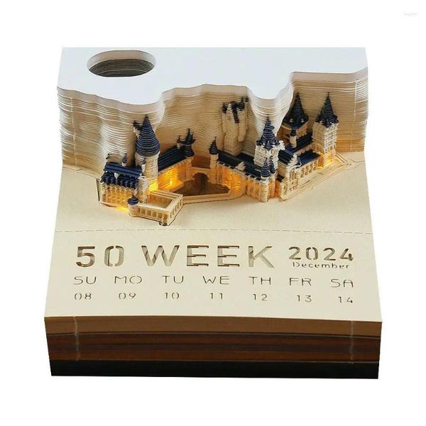 Figuras Decorativas Calendario Semanal Castillo Mágico Encuadernado A Mano Creativo con Luz Tallado En Papel 3D Arte Artesanía Bloc De Notas Notas Adhesivas Blocs De Notas