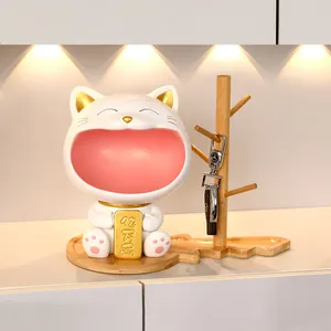 Figurines décoratives créatives chat porte-bonheur, rangement de clés, décoration légère de luxe à grande bouche Maneki Neko, décorations de porche de maison