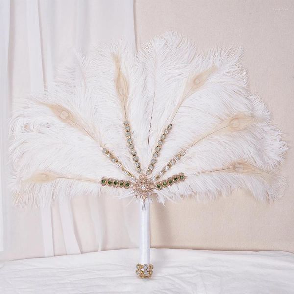 Figuras decorativas Rhinestone avestruz alternativa Feather Fan de novia Bouquet marfil Gatsby 1902s Boda de oro Broche de oro