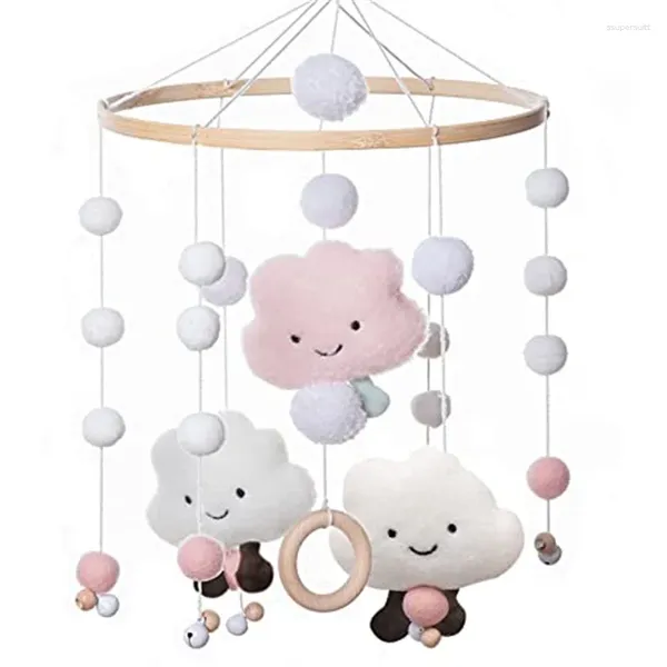 Figurines décoratives mignons bébé rattles mobile en bois pour berceau feutre avec coton coloré nuage carillon bel salen garçons / fille art décor cadeaux