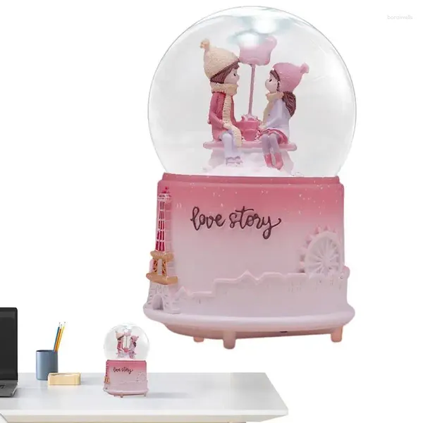 Figuritas decorativas, bonita caja de música, globo de nieve para el Día de San Valentín, bola de cristal transparente iluminada con pareja de dibujos animados