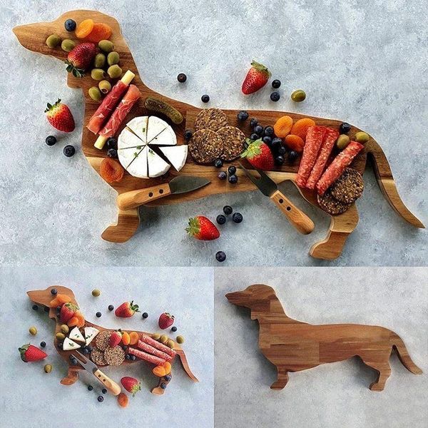 Figuras decorativas Dachshund perro cena plato de madera DIY fiesta decoración del hogar Decoración de mesa bandejas de almacenamiento de frutas secas bandeja de salchichas