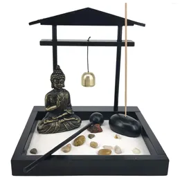 Figurines décoratines Desktop Zen Sand Garden Méditateur de statues de Bouddha Kit de plateau de statue pour décoration de bureau à domicile