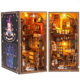 Figurines décoratines bricolage kit de coin livre 3d en bois étagère de bibliothèque insert décor avec lumière LED mini modèle de serre-bouchette