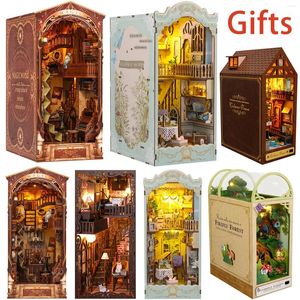 Figurines décoratines bricolage livre nook miniatures étagère insert dollhouse modèle de construction kit de construction en bois bibliothèque serre-ciel