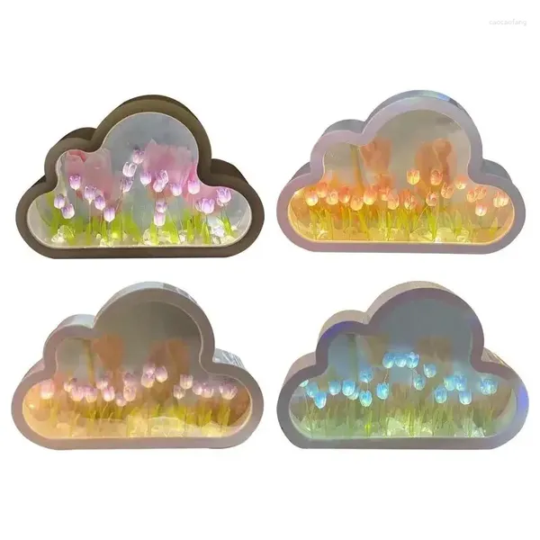 Figurines décoratives bricolage nuage tulipe LED veilleuse fille chambre lampe ornements créatifs miroir lampes de Table chevet fait à la main cadeau d'anniversaire