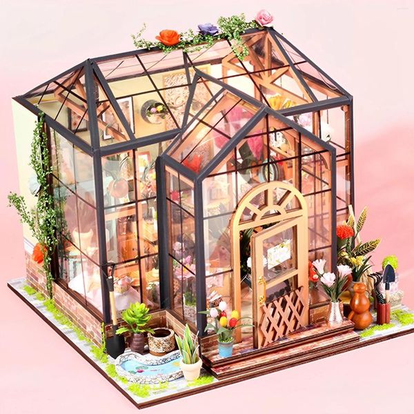 Figuras decorativas Kit de casa en miniatura de bricolaje edificio de modelos de jardín 3D con decoración de luz de luz LED material de casa de muñecas ensamblar un regalo para niños