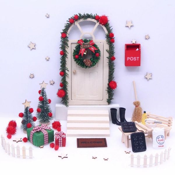 Figuras decorativas Casa de muñecas Miniatura Navidad Magia Pequeña Hada de Madera Puede Abrir Elfo Gnomo Cúpula Puerta Mini Guirnalda Simulación Escalera