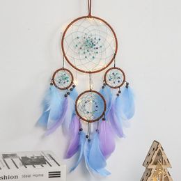 Decoratieve beeldjes droomvangers met 4 ringen geweven kralen cirkelvormig net kleurrijke veerwind windtims muurhangen ornament